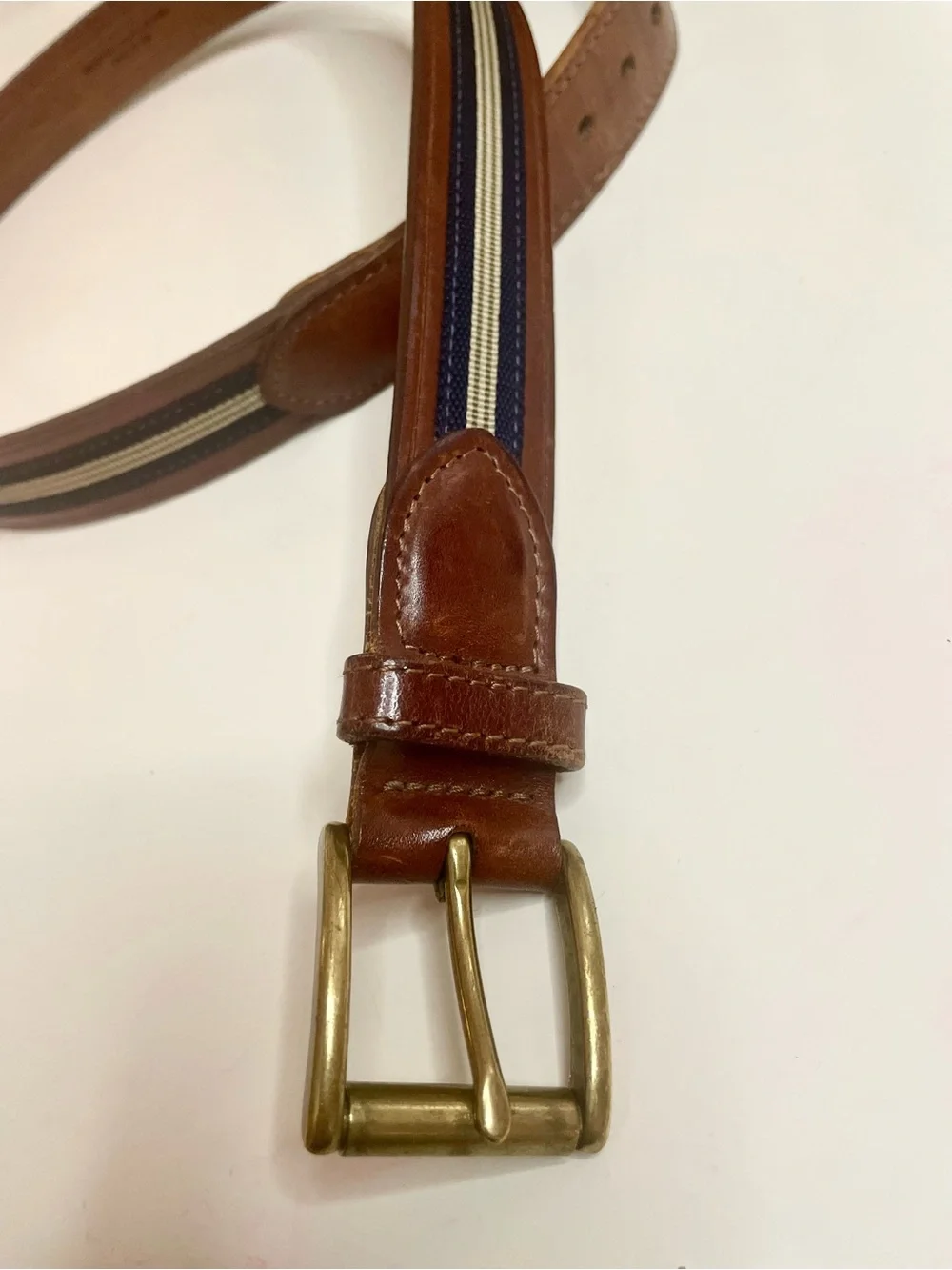 BB Classic Brown Leather Men’s Belt with Navy & Cream Stripe